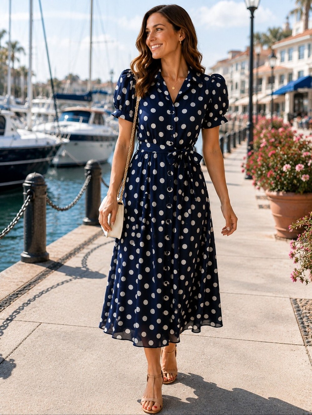 Studio One Navy Cream Polka Dot Midi Dress Lined Size S